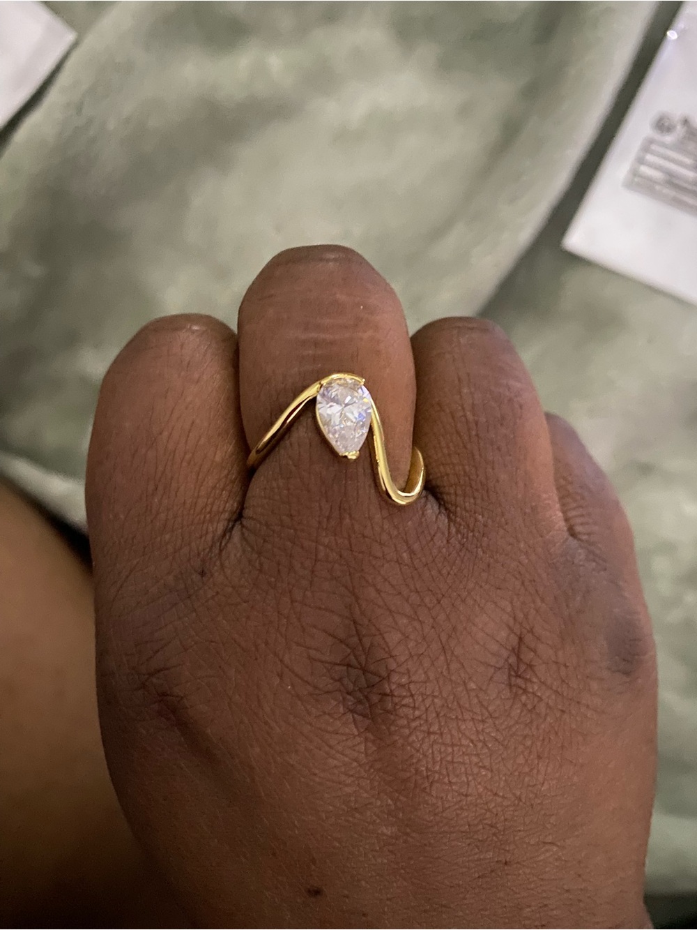 Gold Teardrop Solitaire Wave Ring - Women Jewelry
